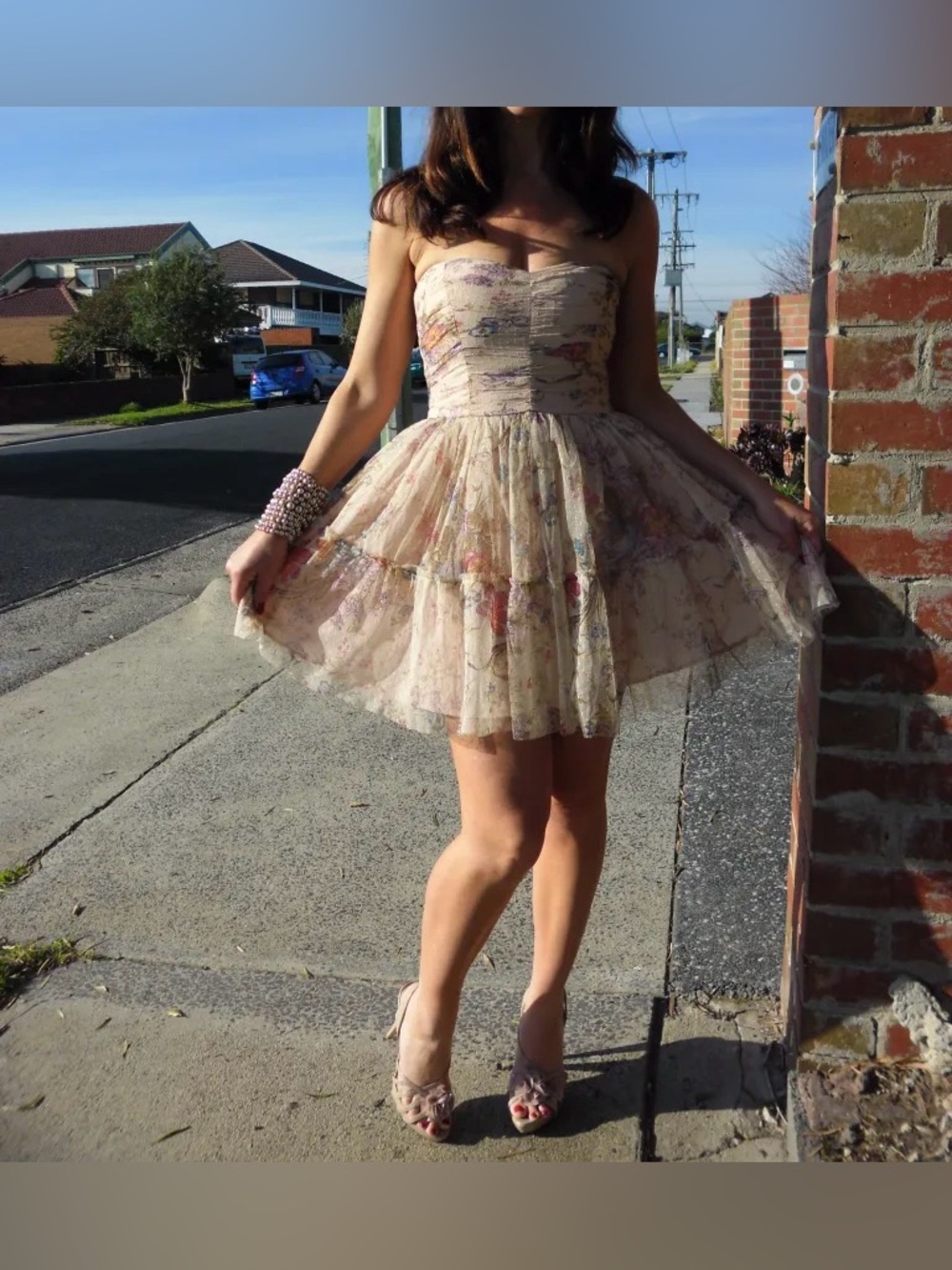 Zara Cream Floral Strapless Tulle Mini Dress